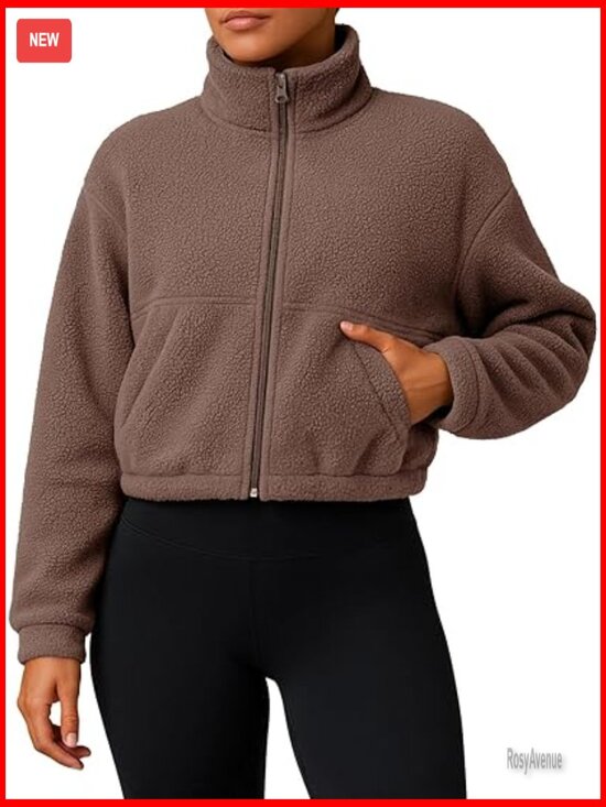 Jackets & Blazers - Women Fleece Sherpa Zip Up Cropped Jacket Full Zip Stand Collar Trendy Cozy